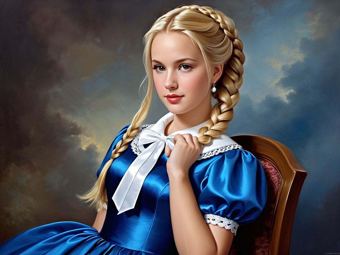 Portrait of a girl in blue dress on vintage chair