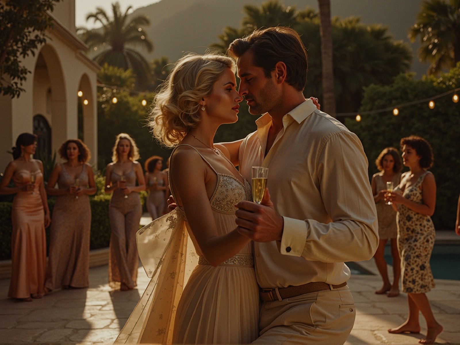 Romantic Outdoor Dance Scene at Dusk with Guests