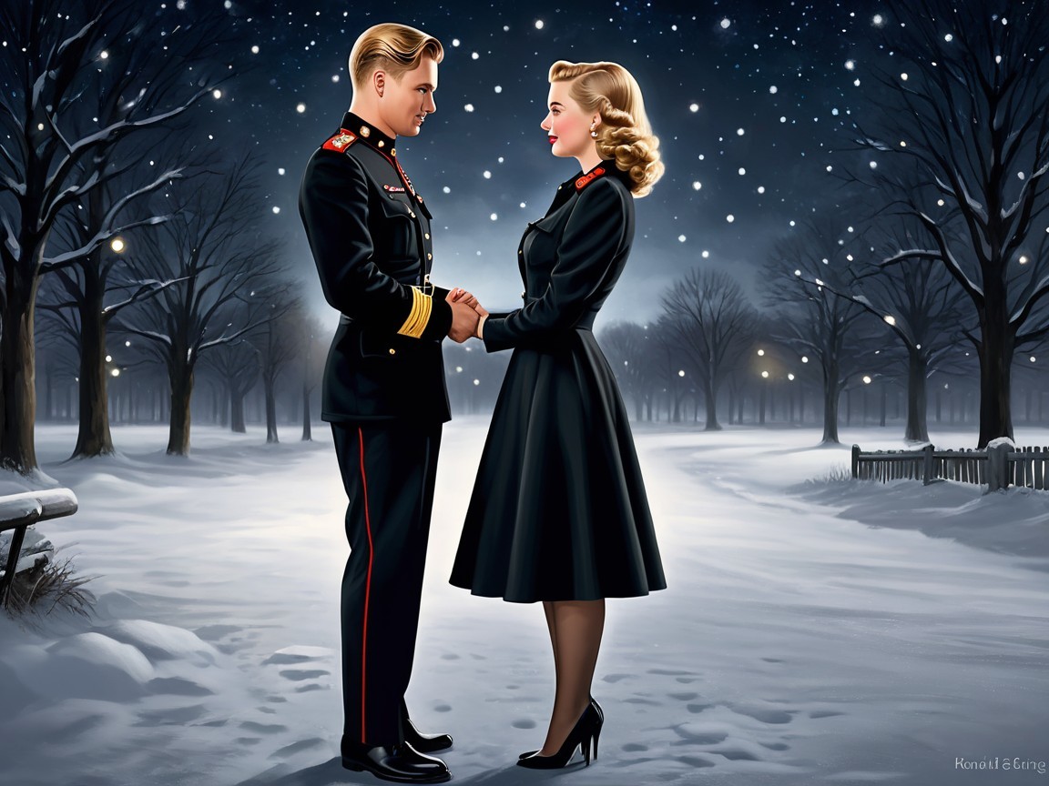 Romantic Winter Scene with Military and Elegant Attire