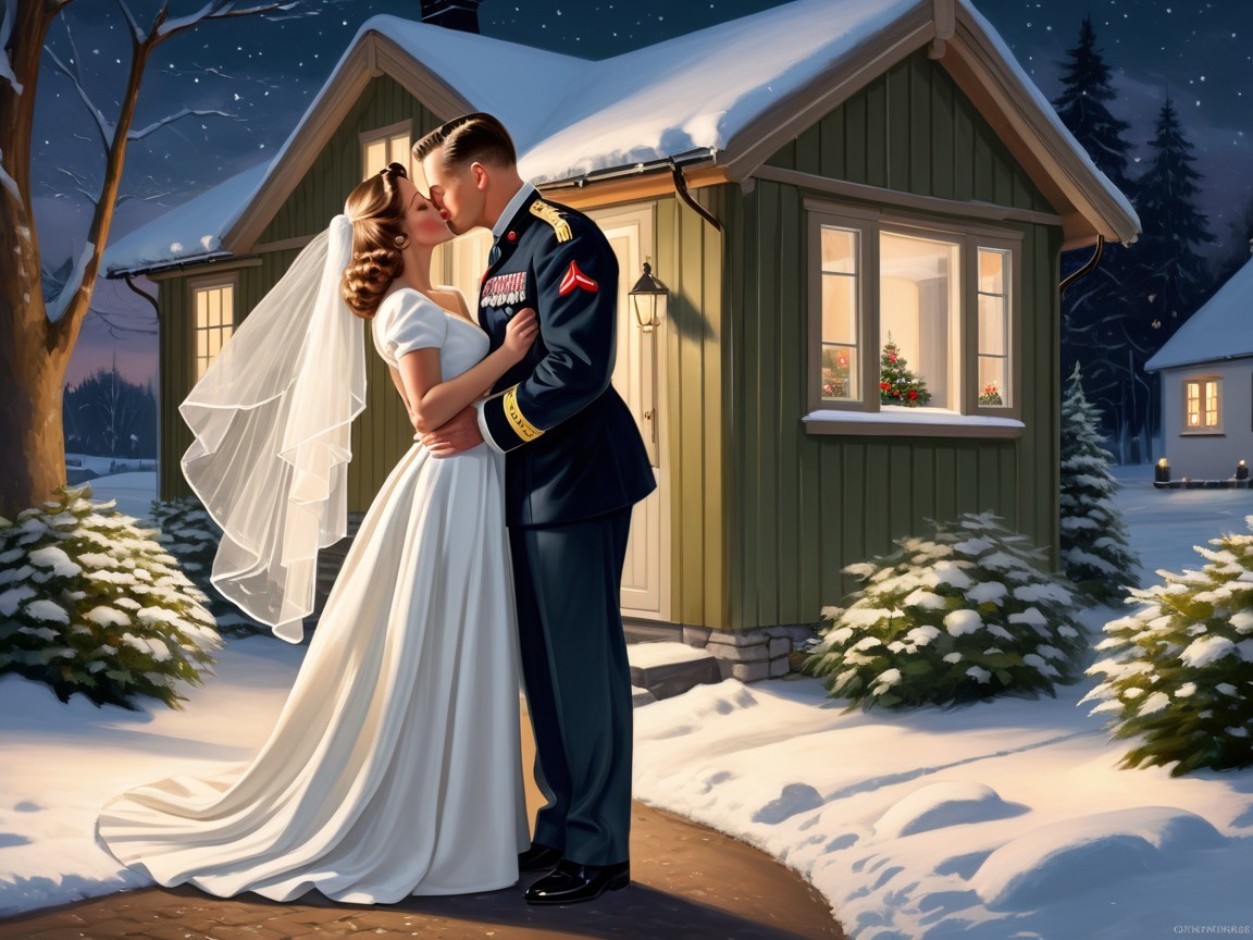 Romantic Winter Scene of Bride and Groom Embracing