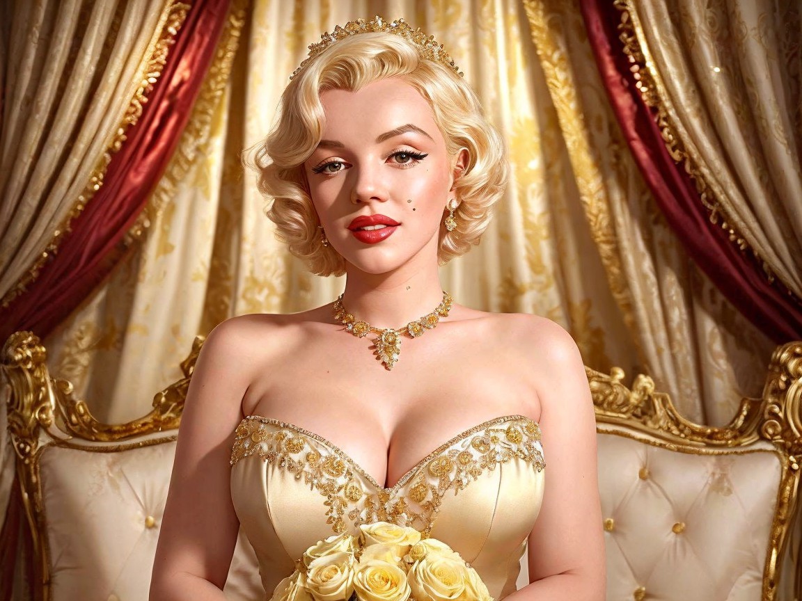 Elegant figure on golden throne in strapless gown