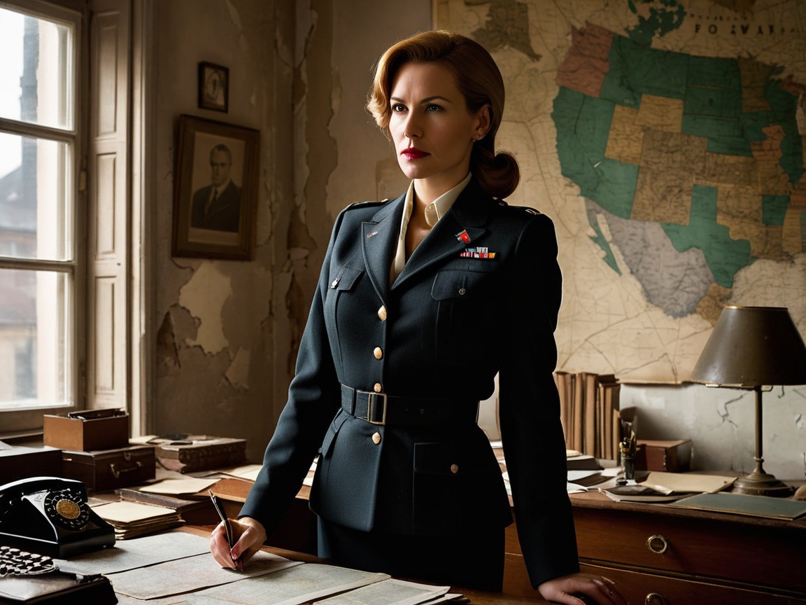 Woman in military uniform at historical desk setting