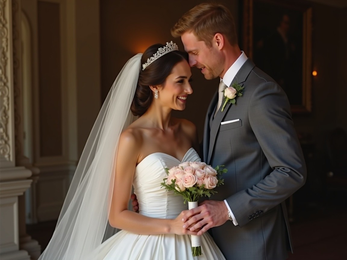 Elegant Bride in Strapless Gown with Groom in Gray Suit