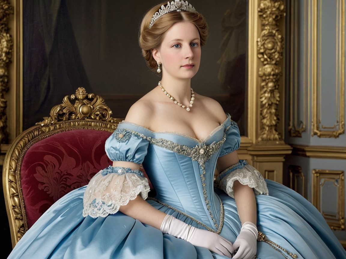 Young Woman in Elegant Blue Gown and Regal Setting