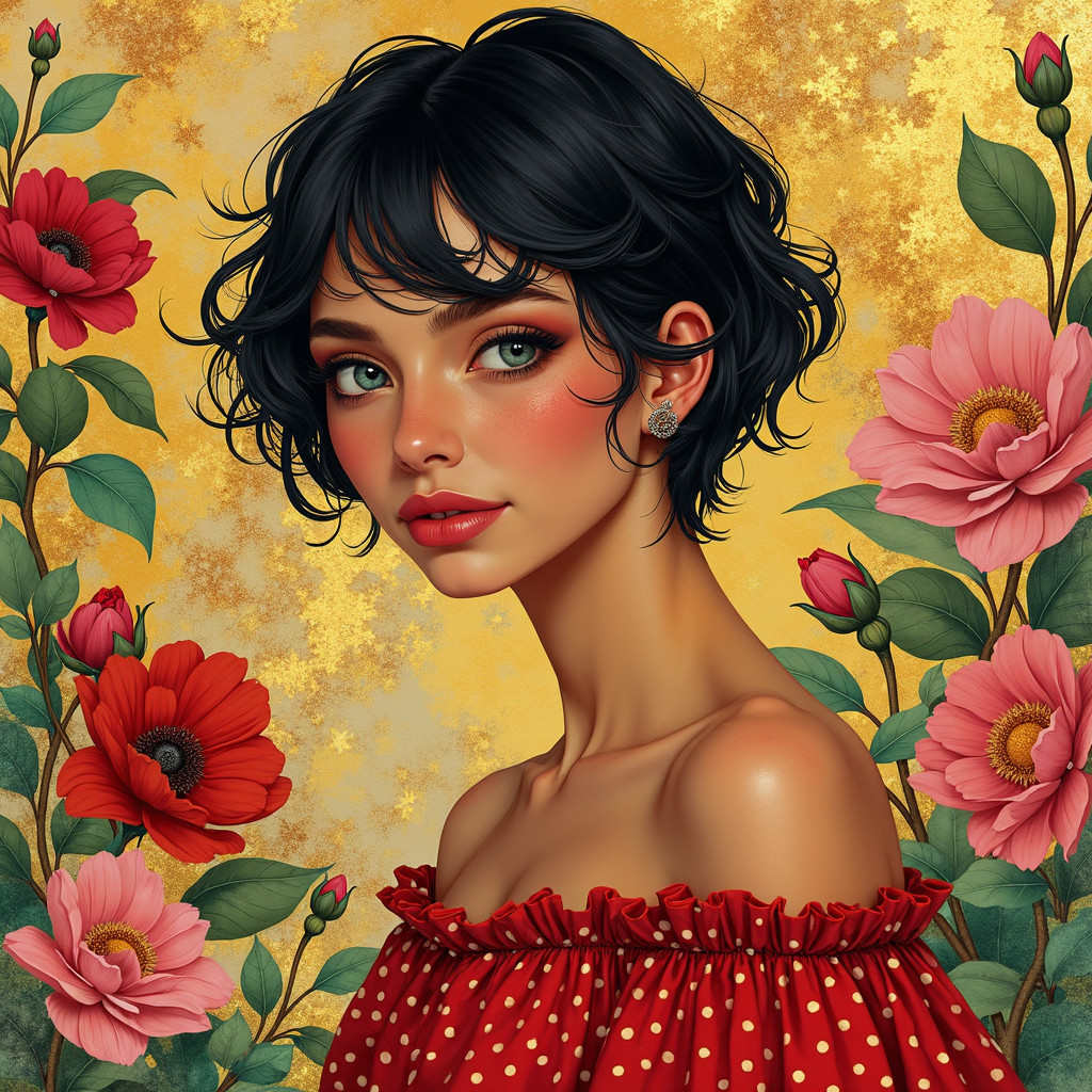 Young woman with black hair in floral backdrop