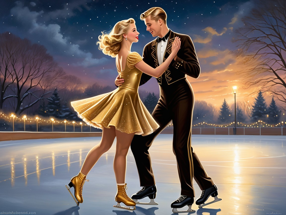 Glamorous Couple Ice Skating at Twilight in Winter