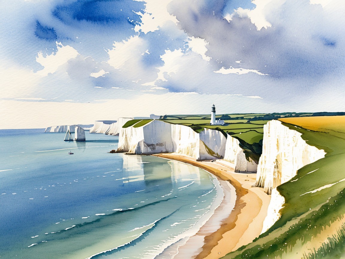 Coastal Landscape with Chalk Cliffs and Lighthouse
