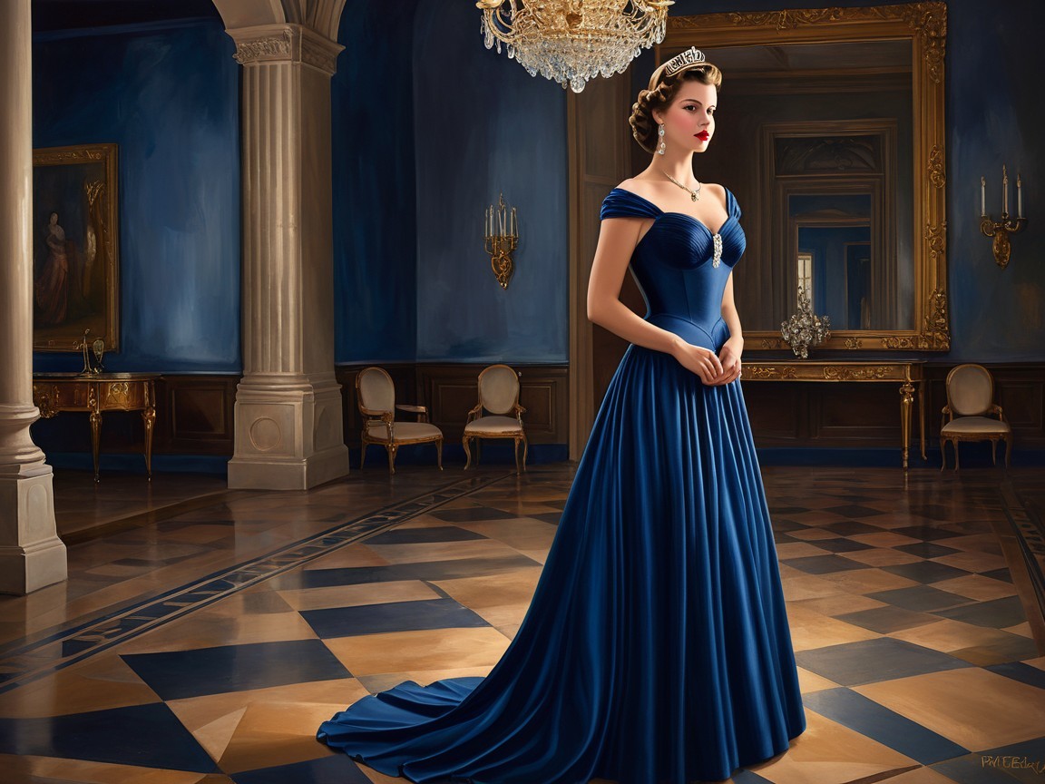 Regal Woman in Off-Shoulder Blue Gown in Grand Room