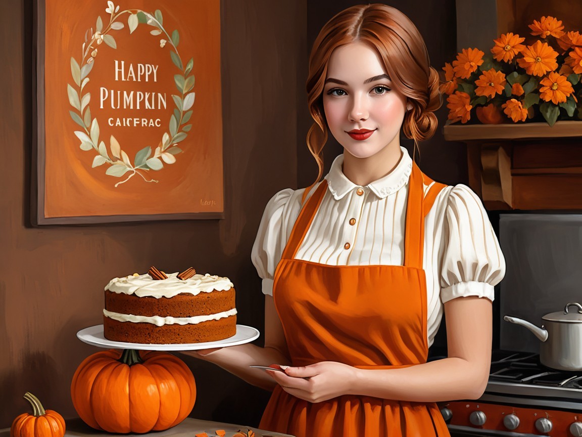 Young Woman in Cozy Kitchen with Pumpkin Cake