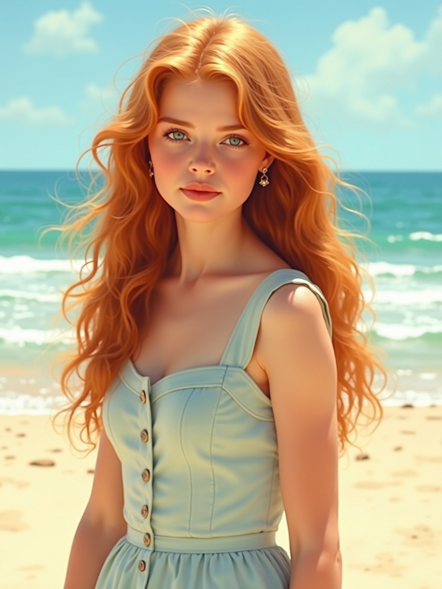 Young woman in blue dress on sunlit beach