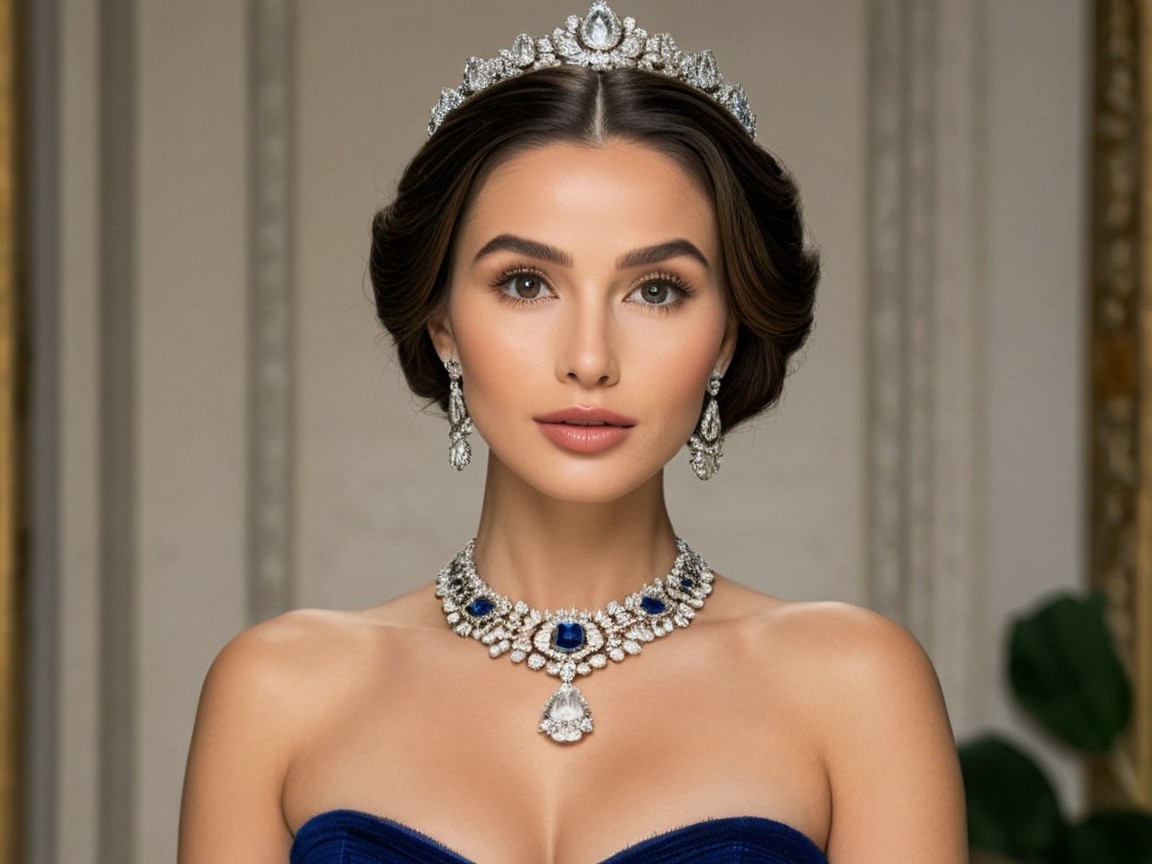 Elegant woman in royal blue gown with tiara and jewelry