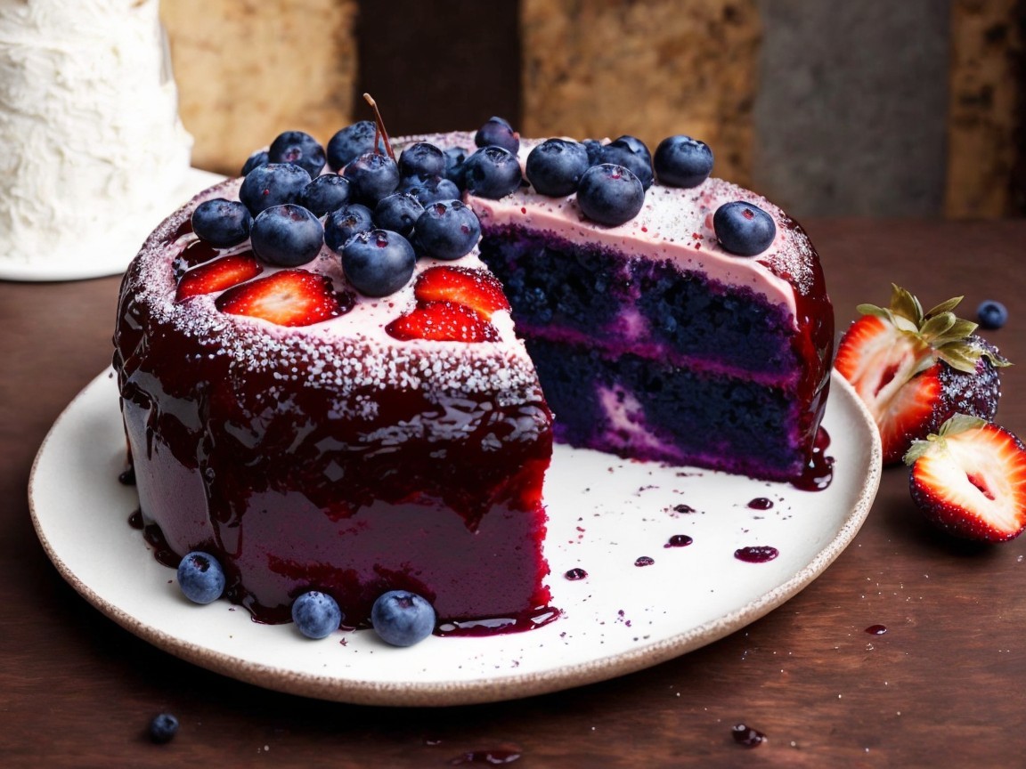 Decadent Purple Layer Cake with Berry Glaze and Fruit