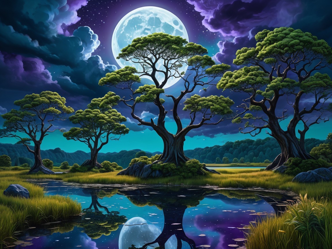 Serene Landscape with Twisted Trees and Full Moon