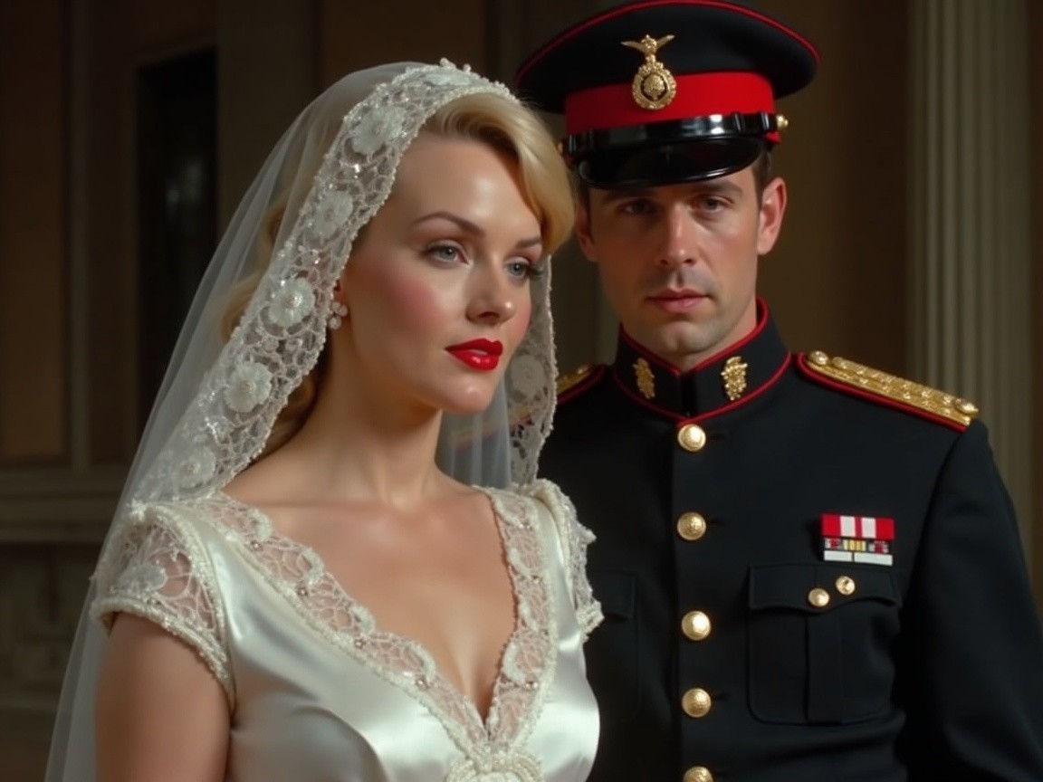 Glamorous Bride in Vintage Gown with Military Officer