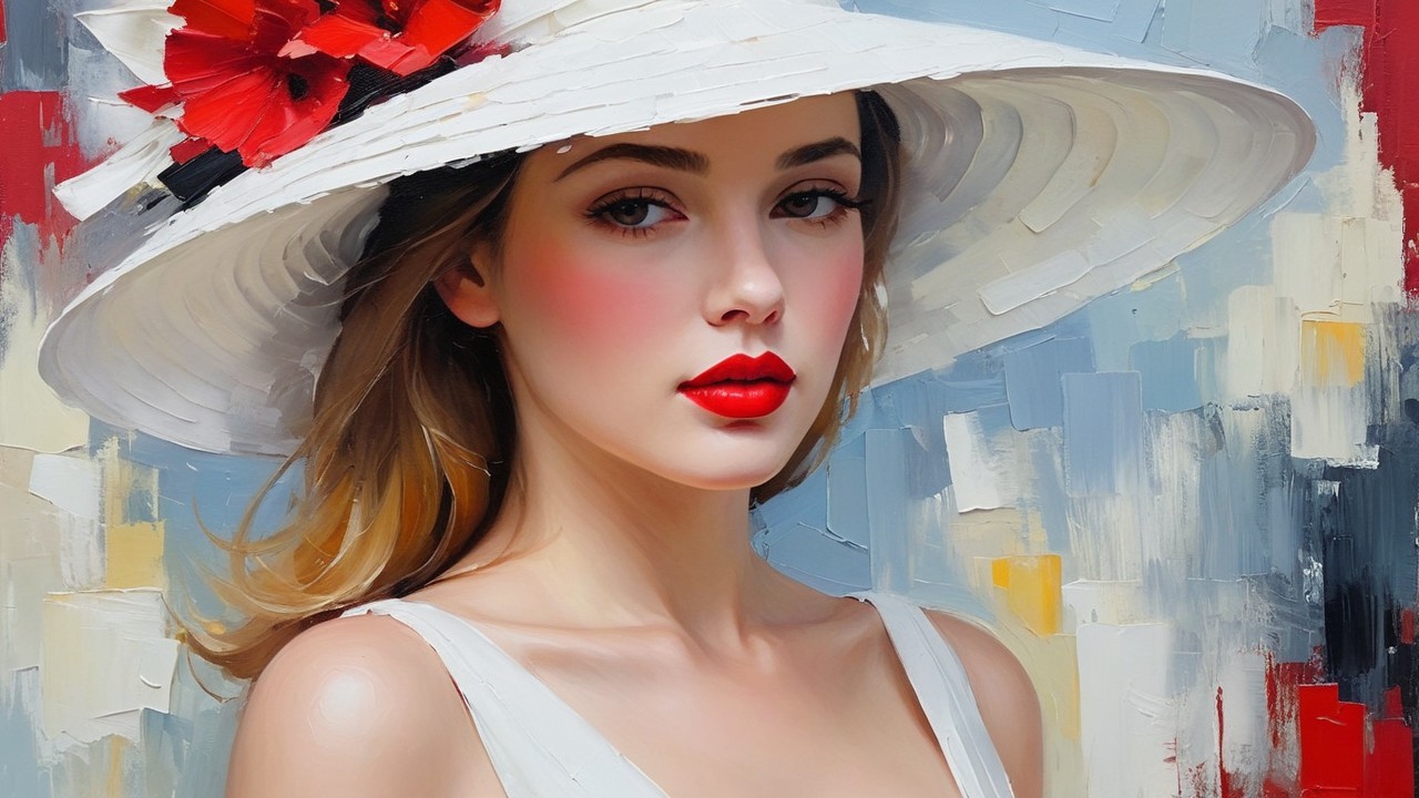 Young woman in white hat with red flower portrait