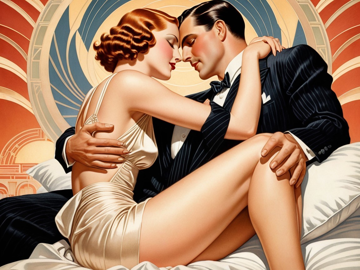 Vintage Art Deco Couple Embrace in Elegant Setting