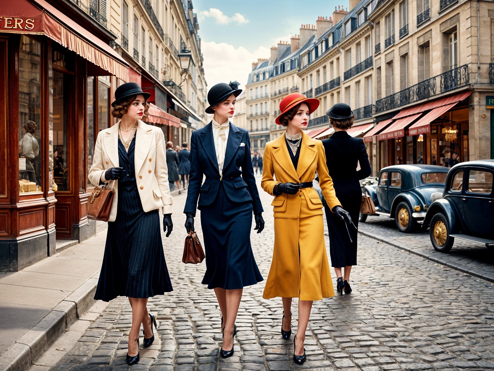 Elegant Women in Vintage Fashion on Parisian Street