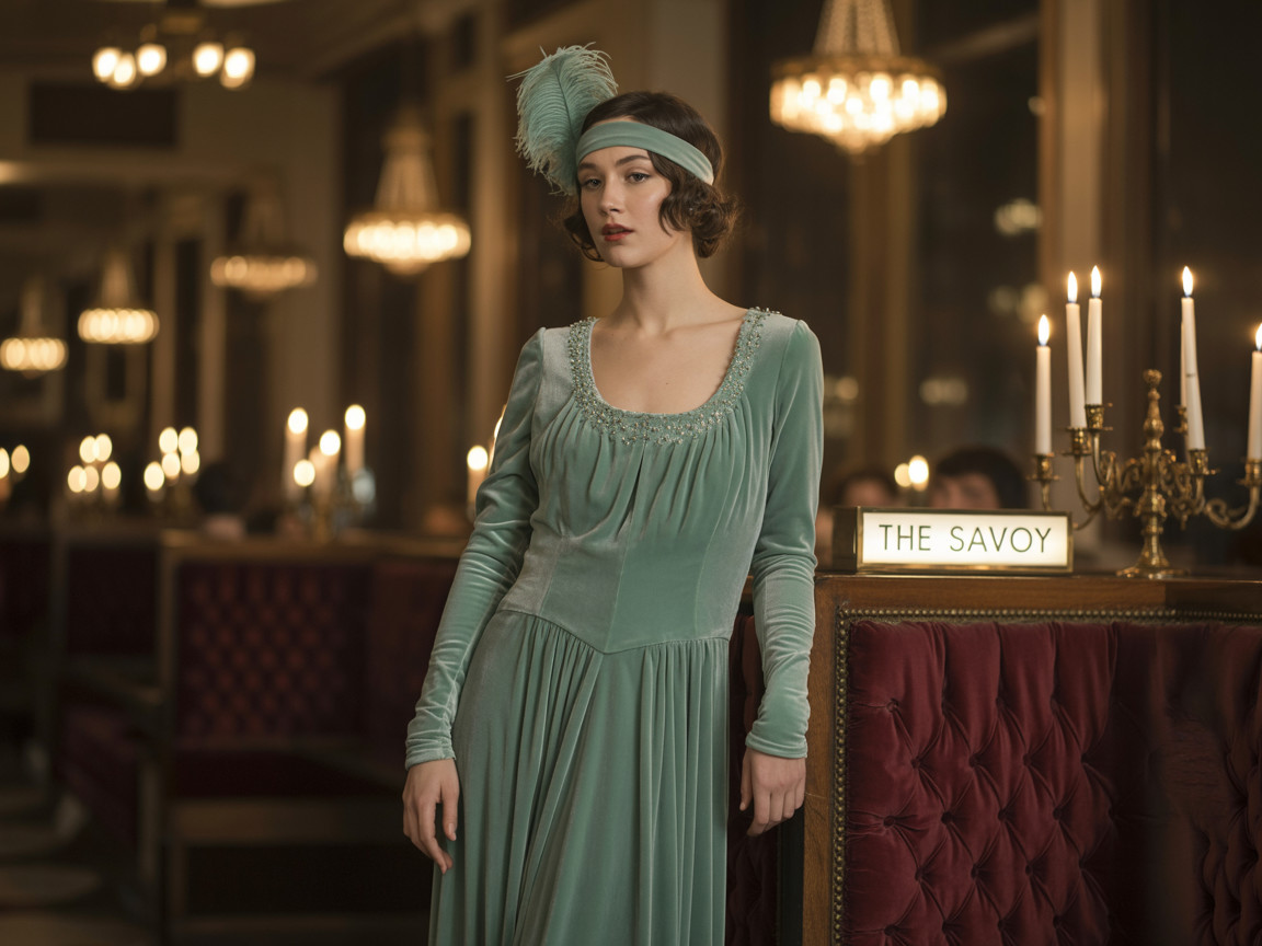 Elegant Woman in Vintage Teal Dress at The Savoy