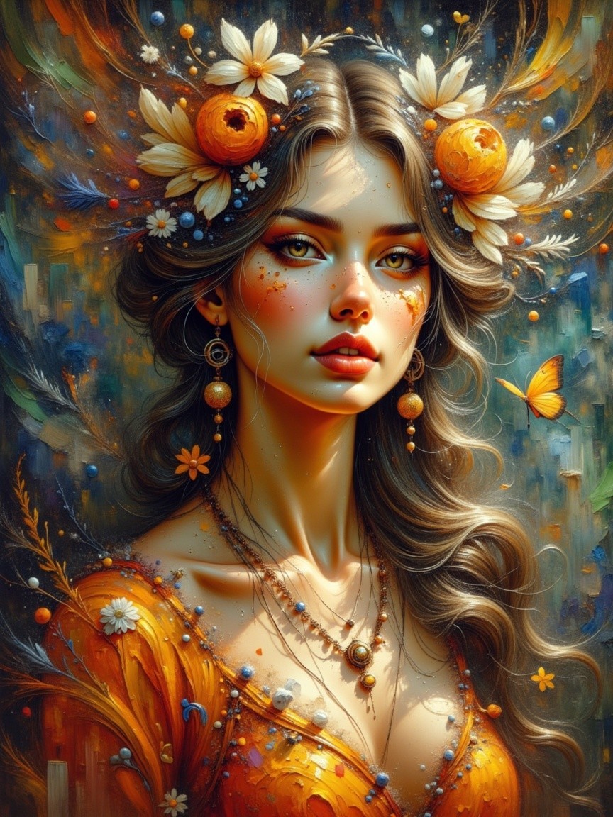 Portrait of a woman with floral elements and jewelry