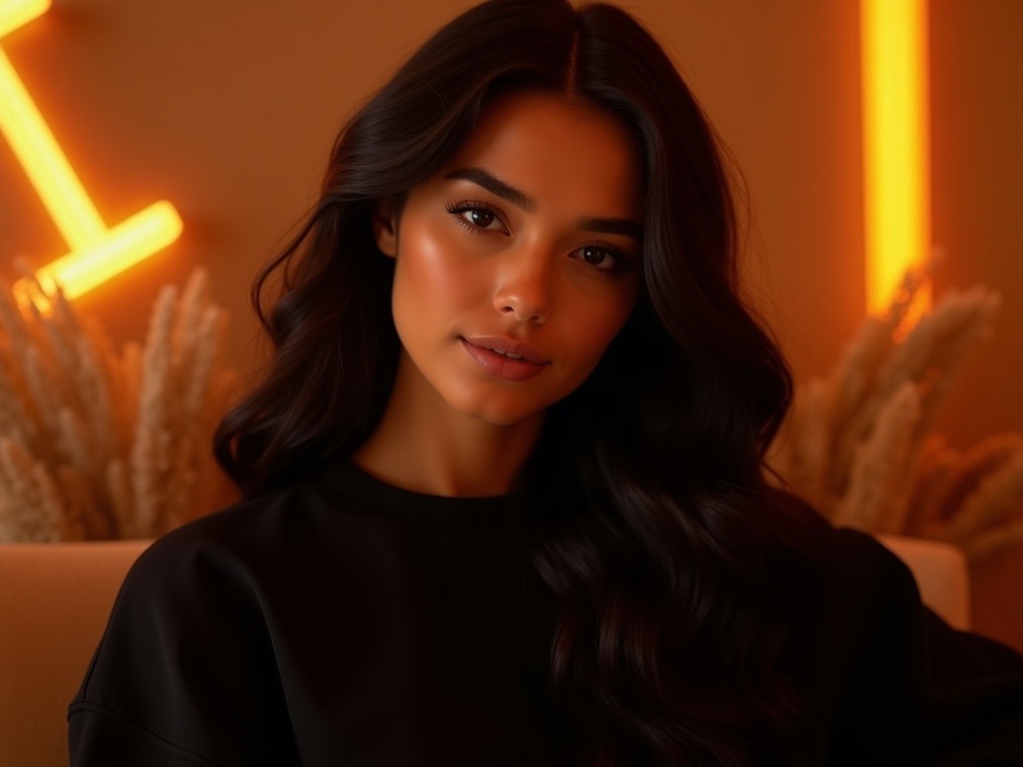 Young woman with dark hair in cozy, warm setting