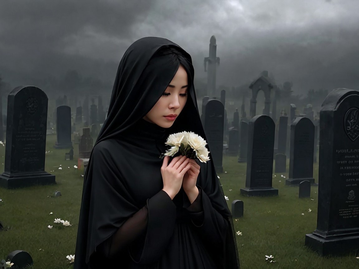 Somber figure in graveyard with white flowers and mist