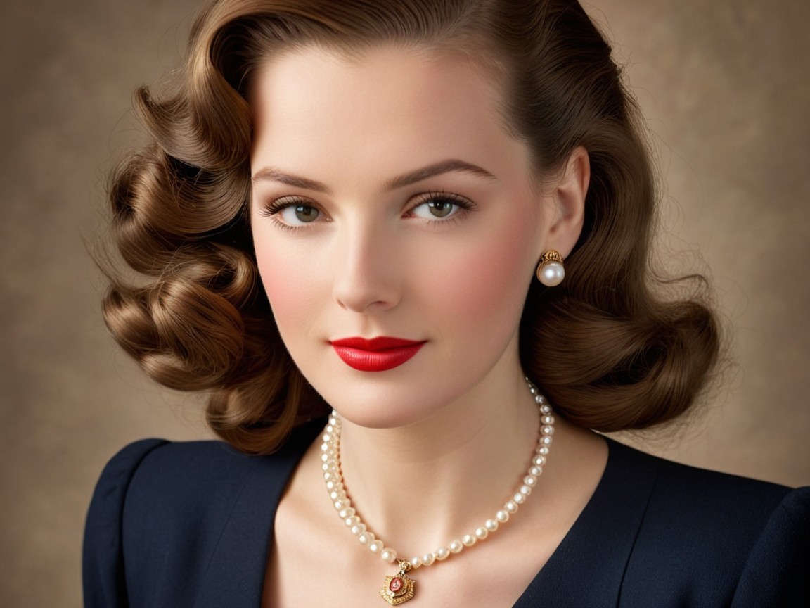 Elegant Woman in Navy Dress with Pearl Accessories