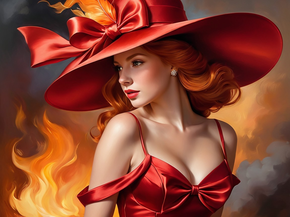 Striking Woman in Red Hat and Dress Against Fiery Backdrop