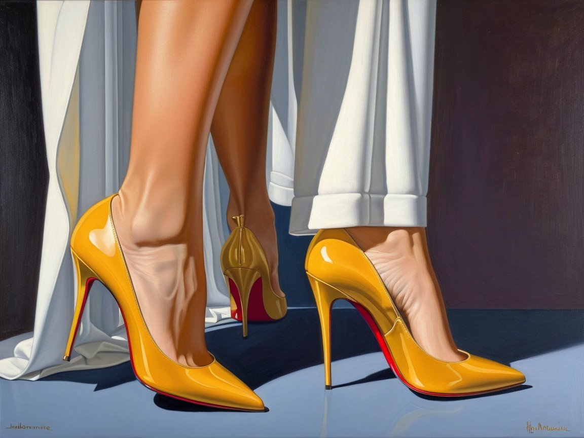 Yellow High-Heeled Shoes with Red Soles and Draped Legs