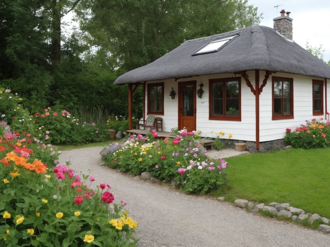 Quaint Cottage Surrounded by Vibrant Flower Gardens