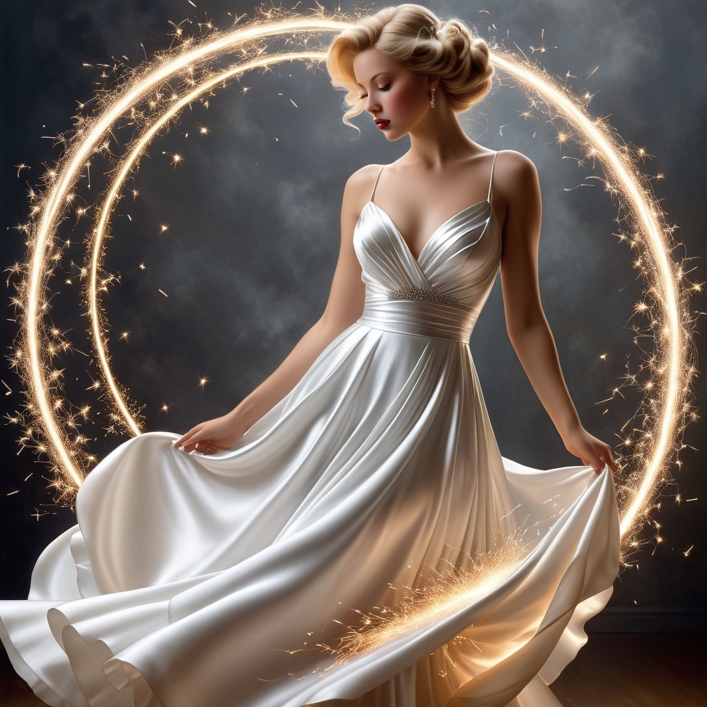 Elegant Woman in White Dress Surrounded by Sparkling Light