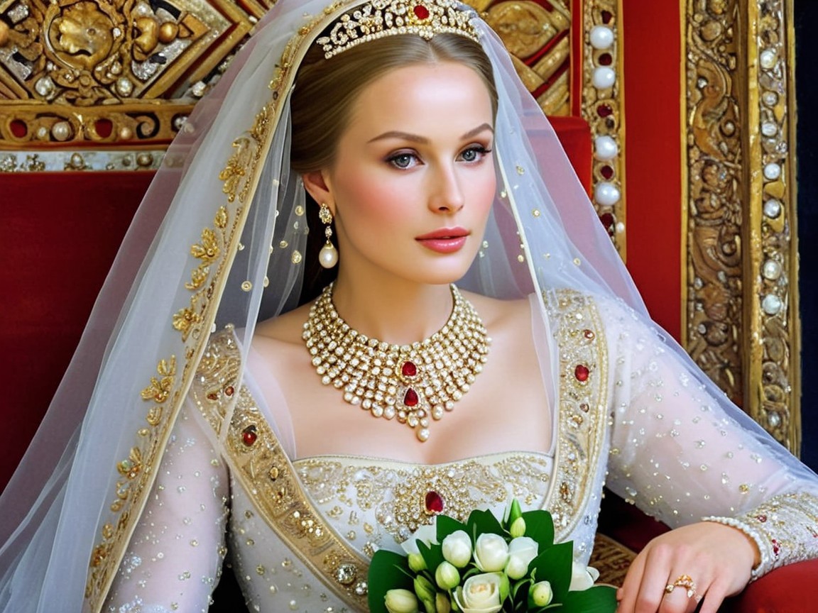 Opulent Bride in Intricate Gown and Regal Accessories