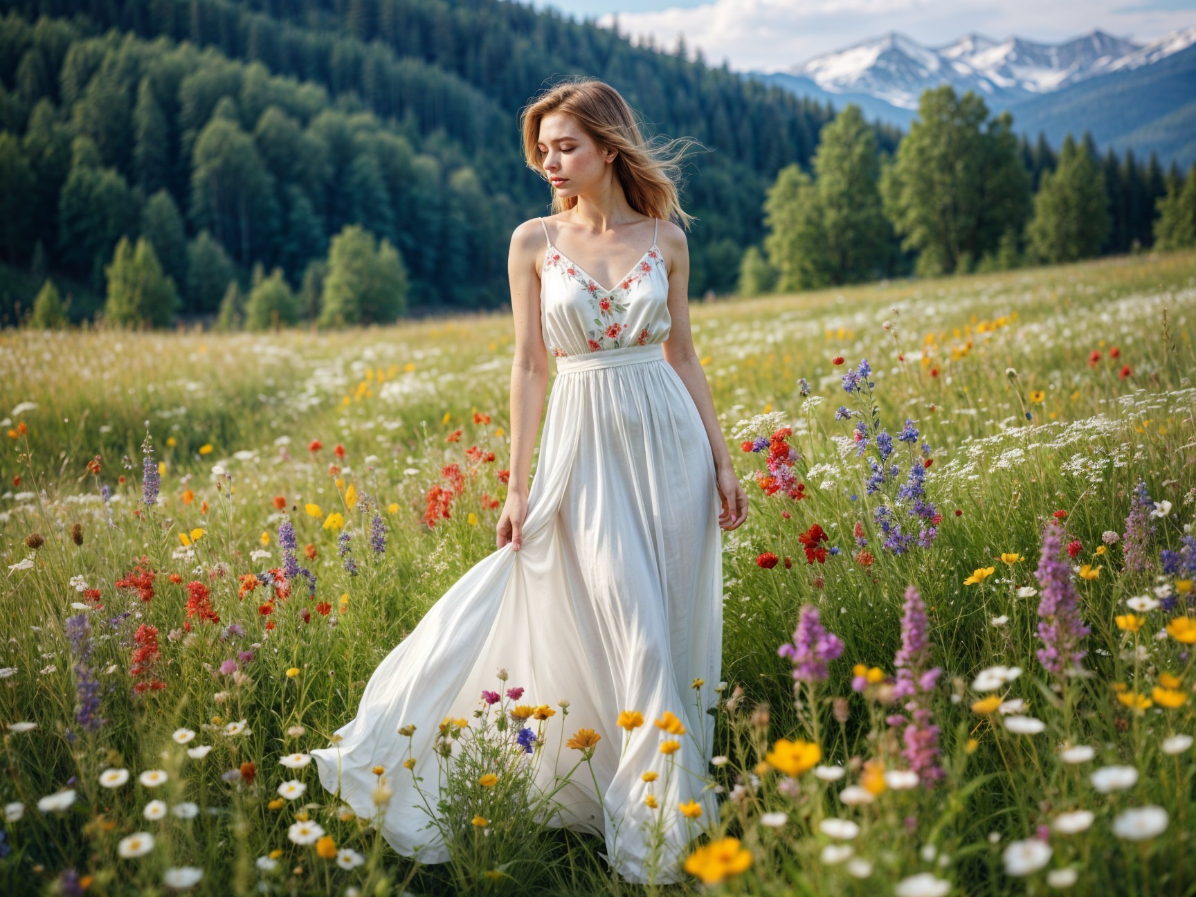 Young Woman in Floral Dress in Wildflower Field