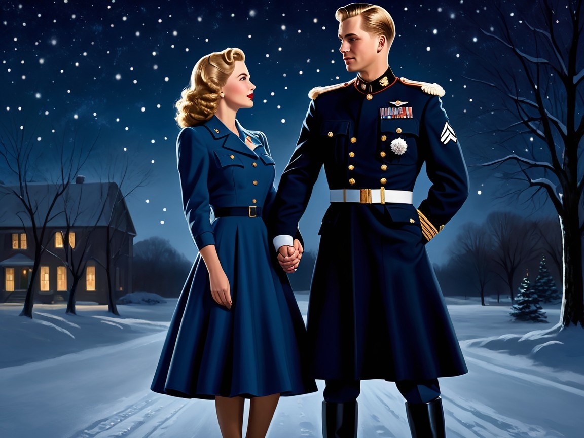 Couple in Vintage Attire on Snowy Evening with Stars