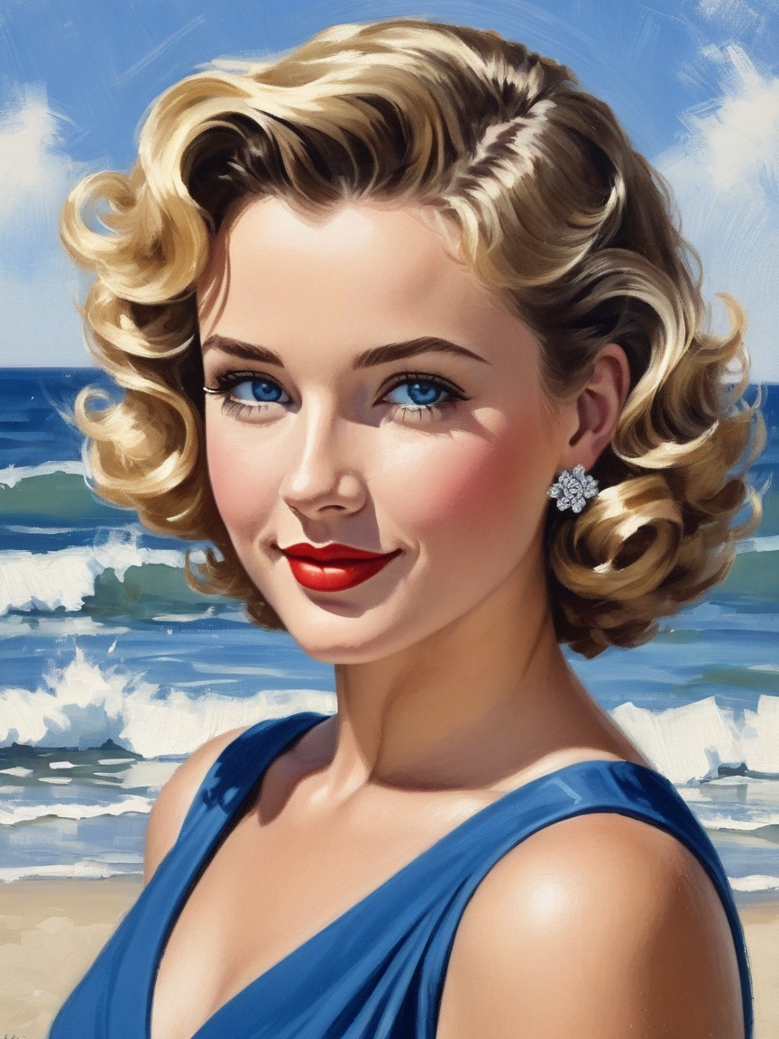 Glamorous Woman in Royal Blue Dress by Ocean Waves