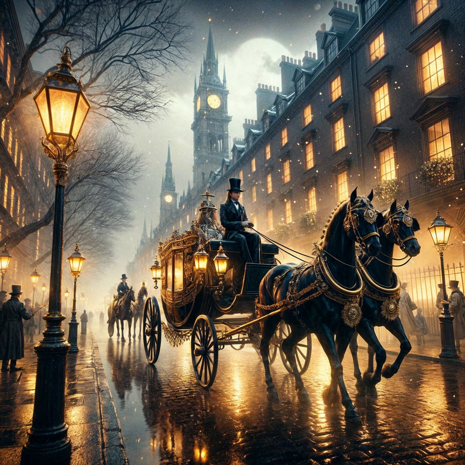 Vintage City Scene with Clock Tower and Carriages