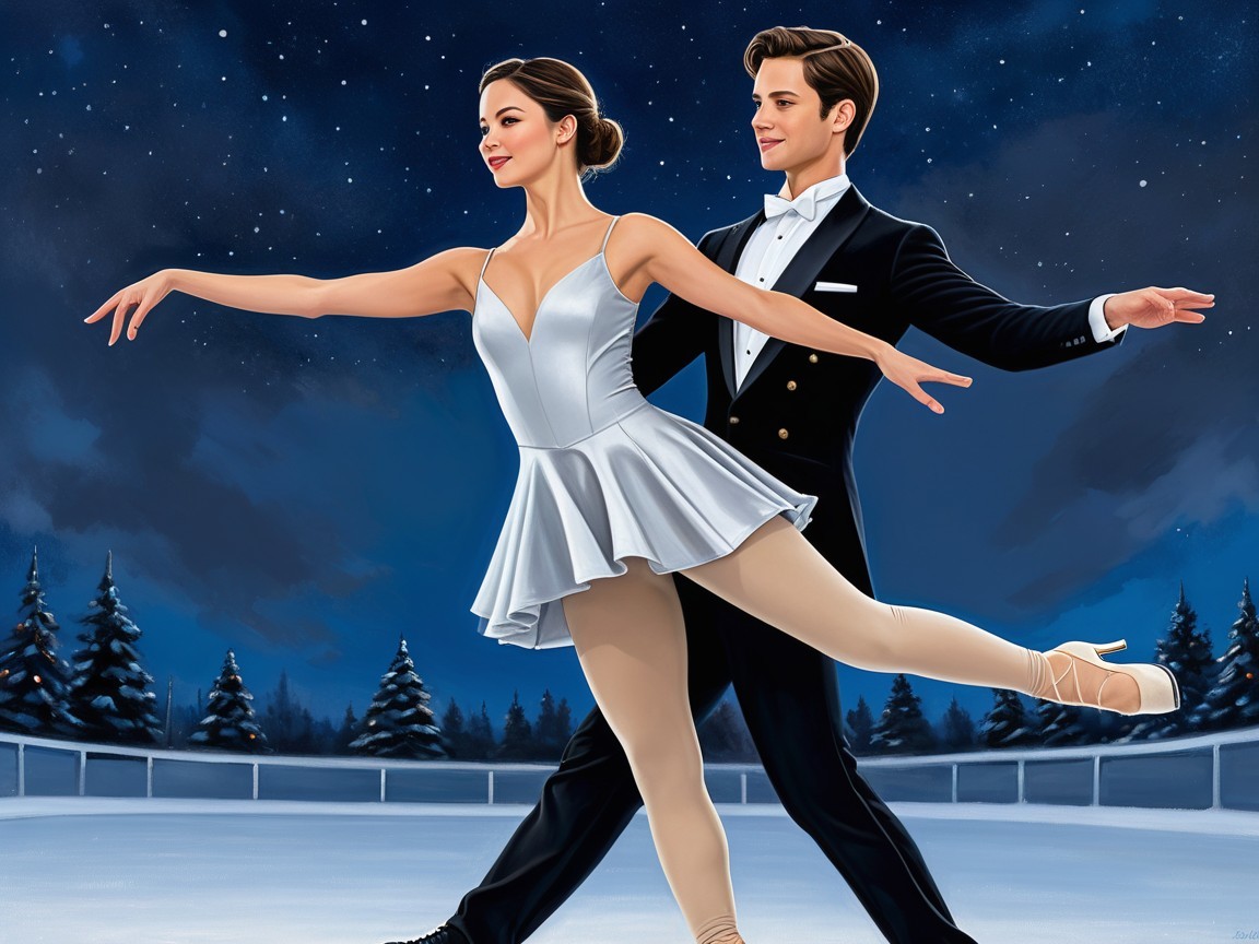 Elegant Ice Skating Couple Under Starry Night Sky