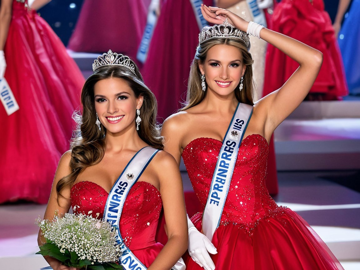 Beauty Pageant Contestants in Red Gowns and Tiaras