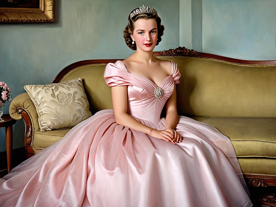 Elegant Young Woman in Pink Gown on Vintage Sofa