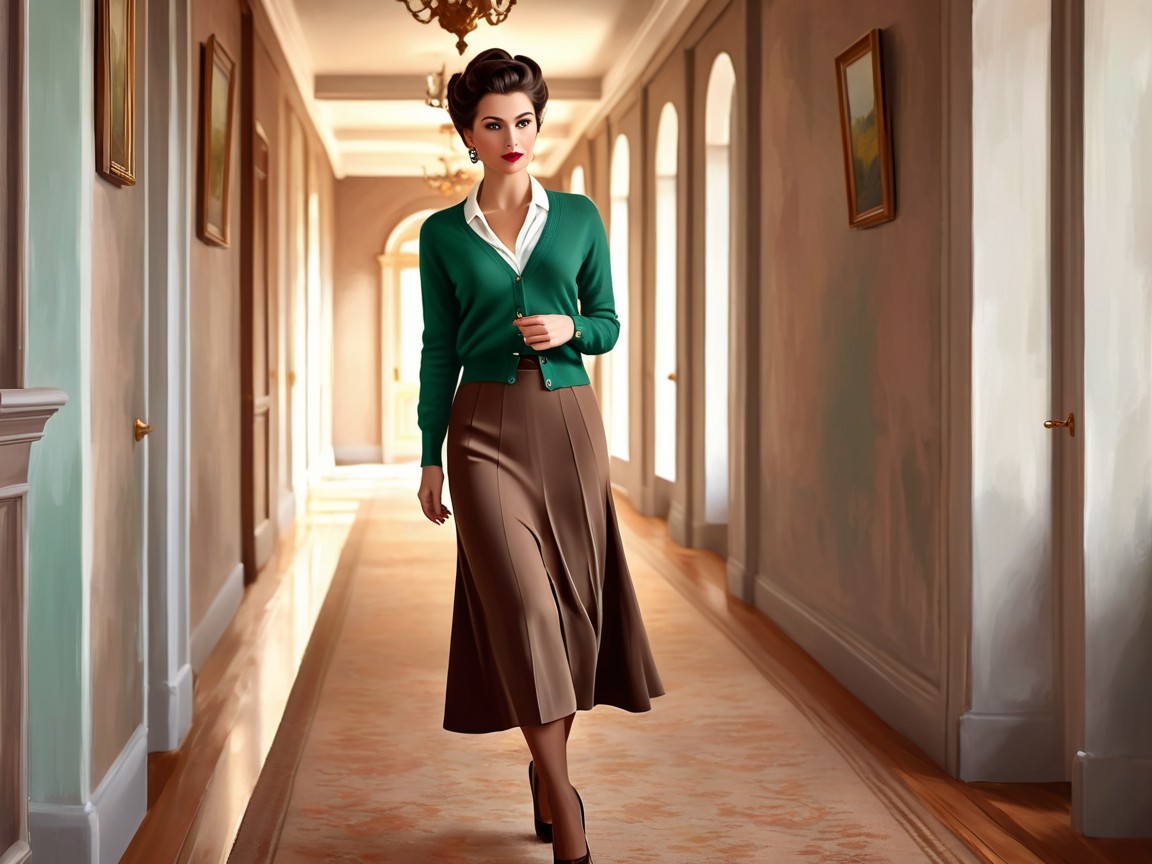 Stylish Woman in Elegant Corridor with Artwork