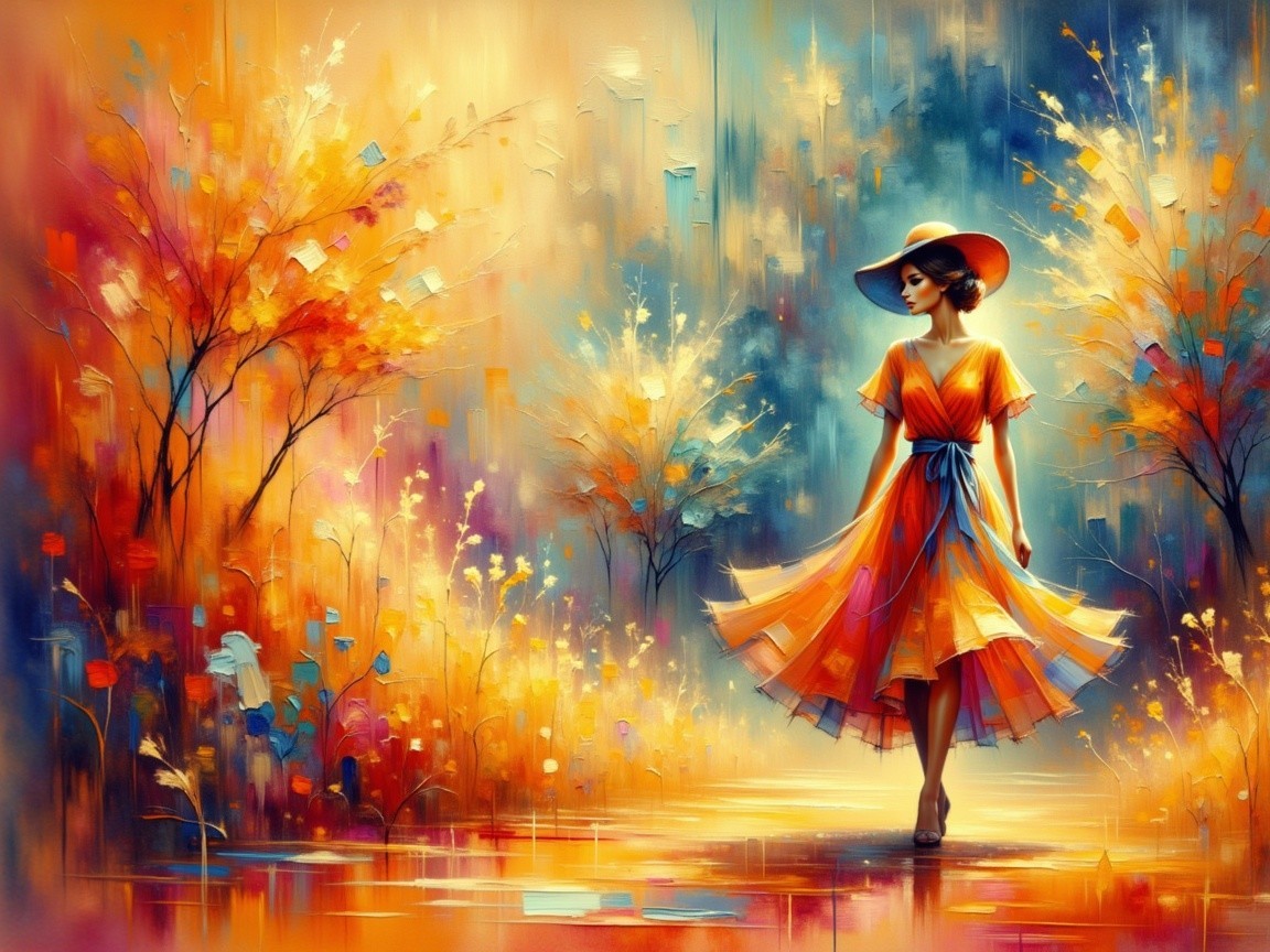 Dancer in Orange Dress Amidst Autumn Landscape