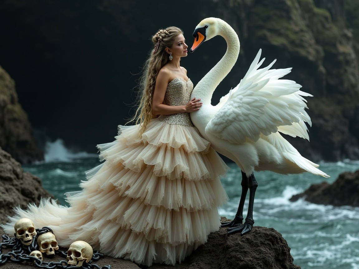 Elegant Woman in Cream Gown by Eerie Coastline