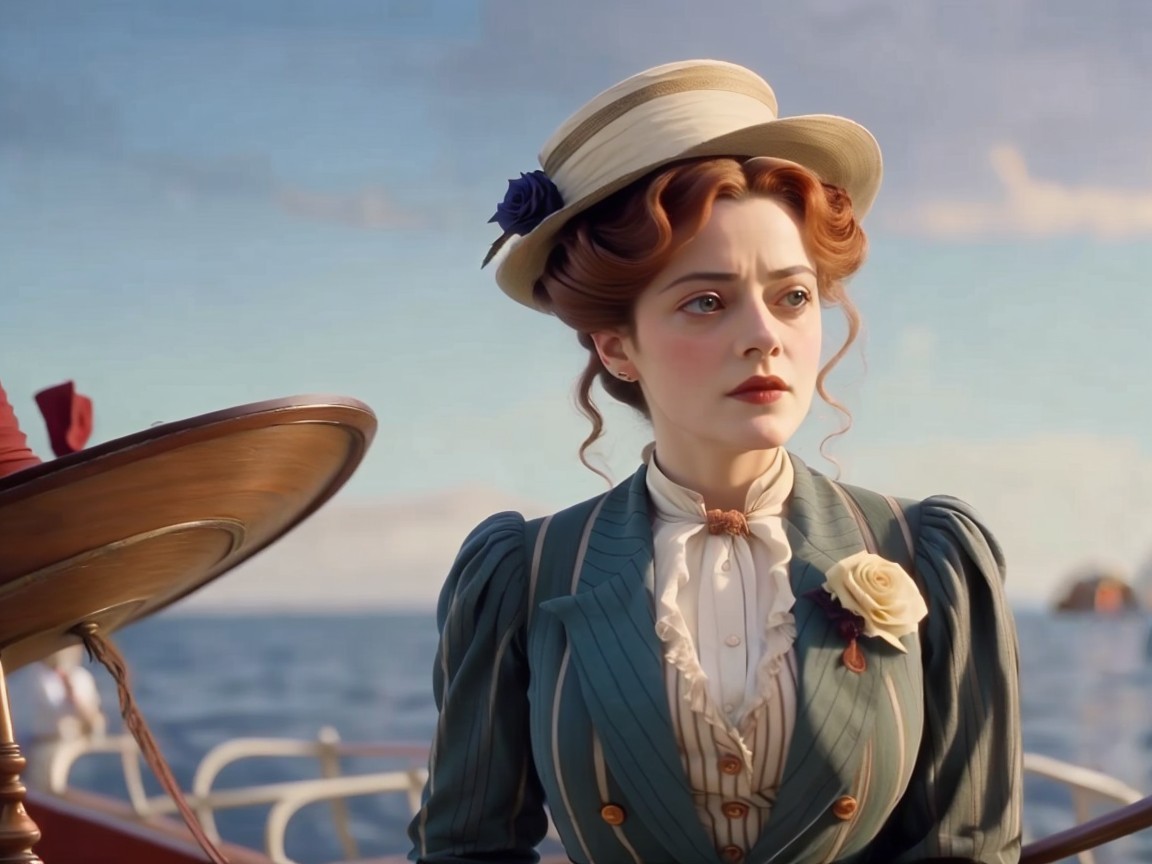 Woman in Vintage Ship with Teal Suit and Red Curls