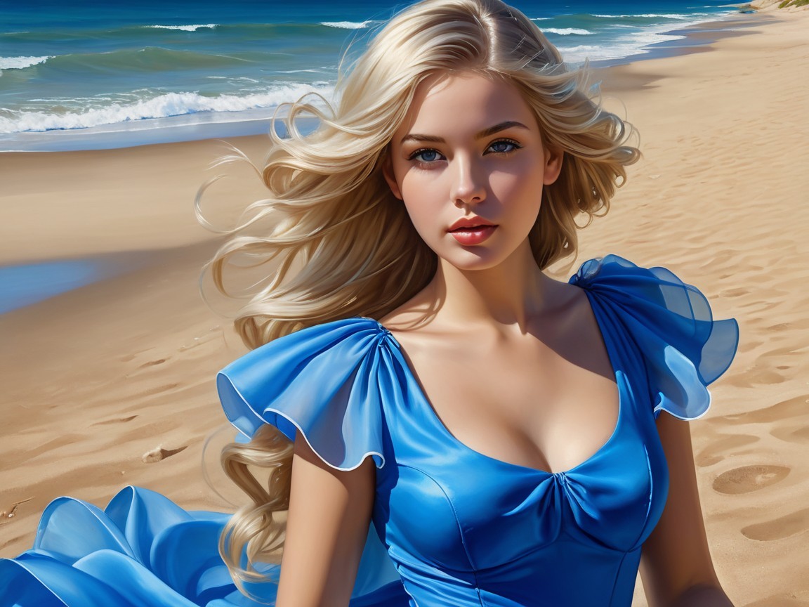 Young woman in blue dress on sandy beach scene