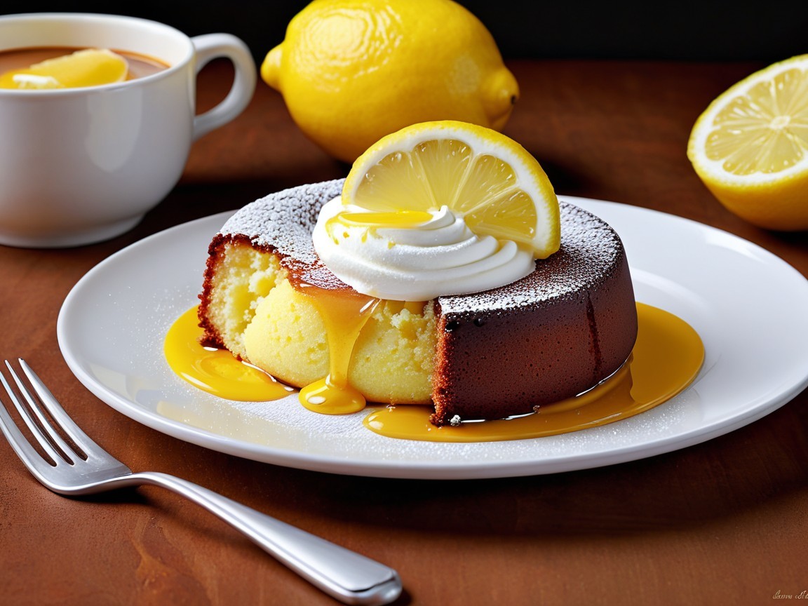 Lemon Cake with Curd and Whipped Cream on Plate