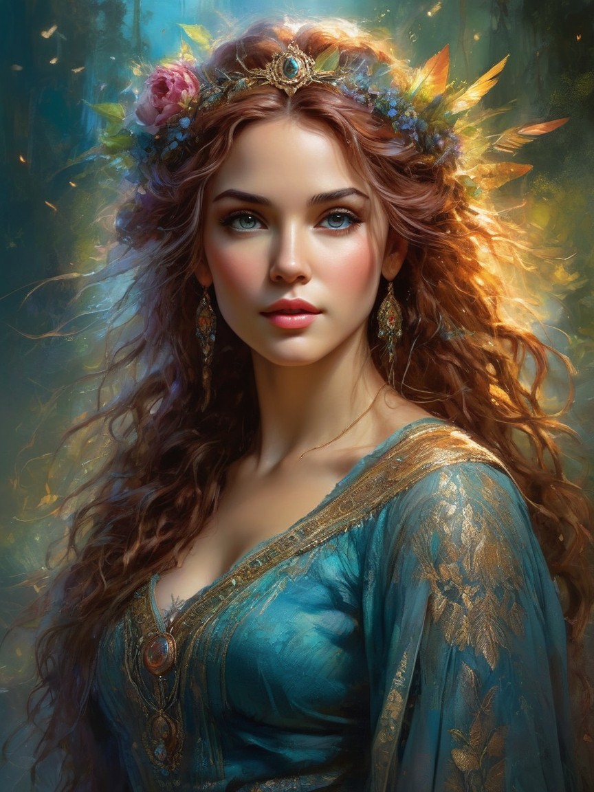 Young Woman in Blue Gown with Floral Crown and Accessories