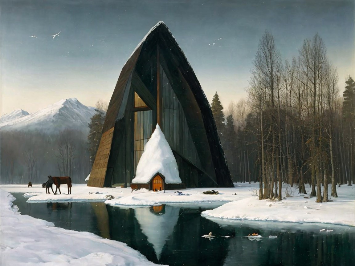 Triangular Building in Winter Landscape with Wildlife
