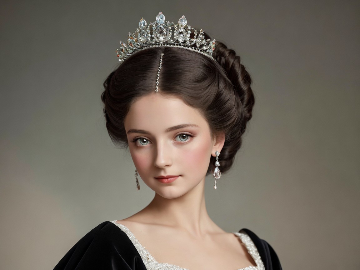 Elegant young woman in black gown with tiara