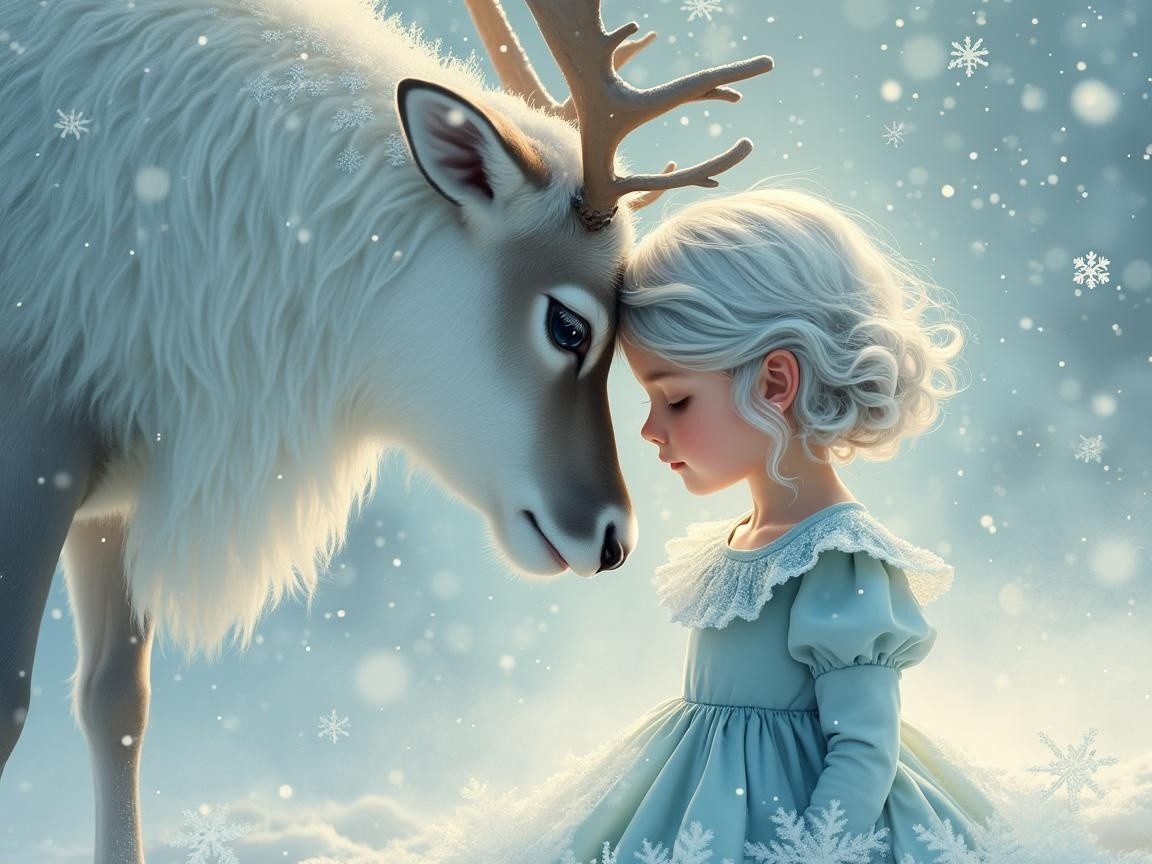 Winter Scene of Girl with Reindeer in Snowfall
