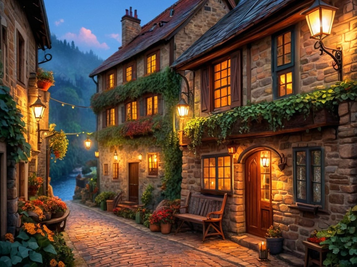 Charming Cobblestone Street with Stone Cottages at Dusk