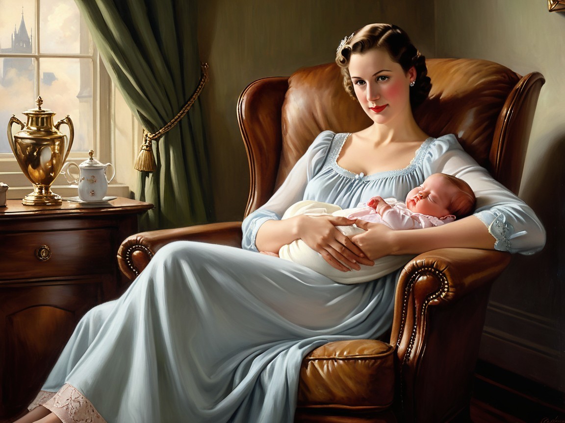 Serene Mother Cradling Newborn in Elegant Room